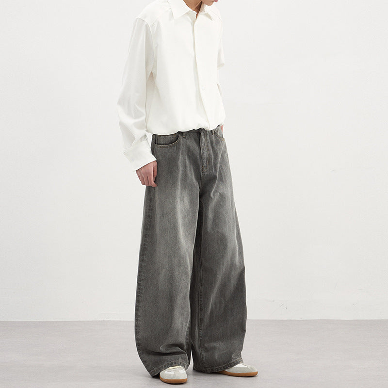WIDE WASHED DENIM PANTS GREY
