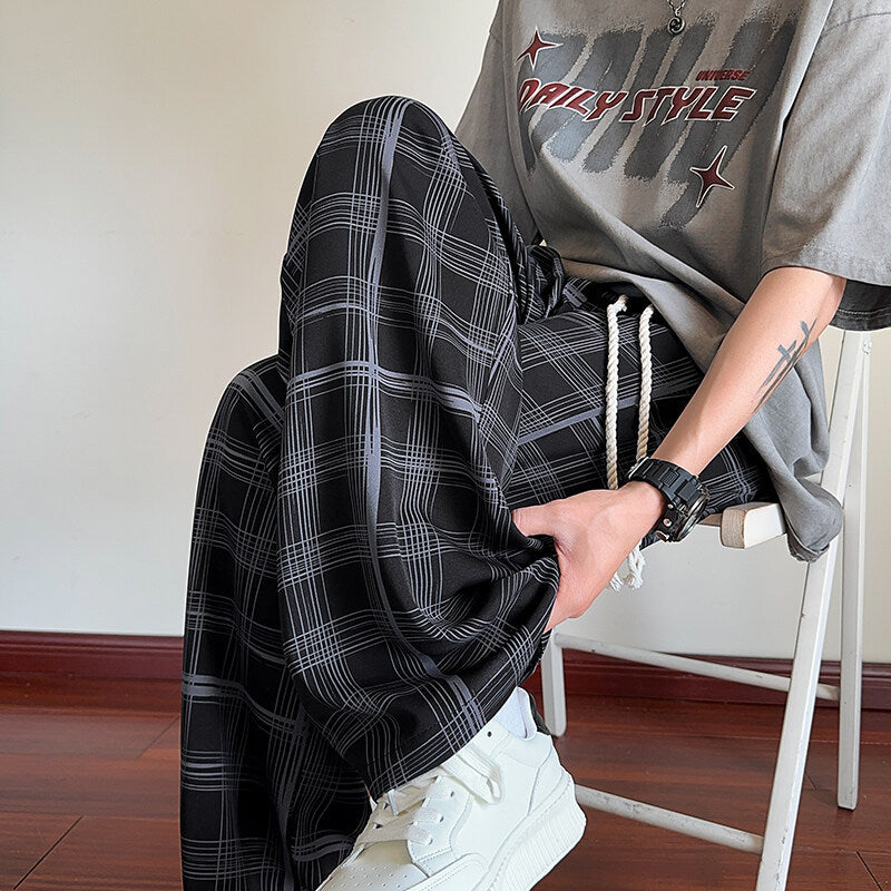 PLAID DRAWSTRING WIDE PANTS