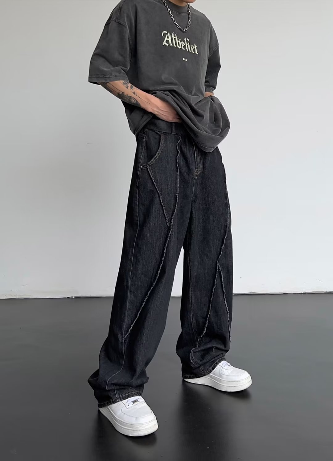 STITCHED DENIM PANTS BLACK