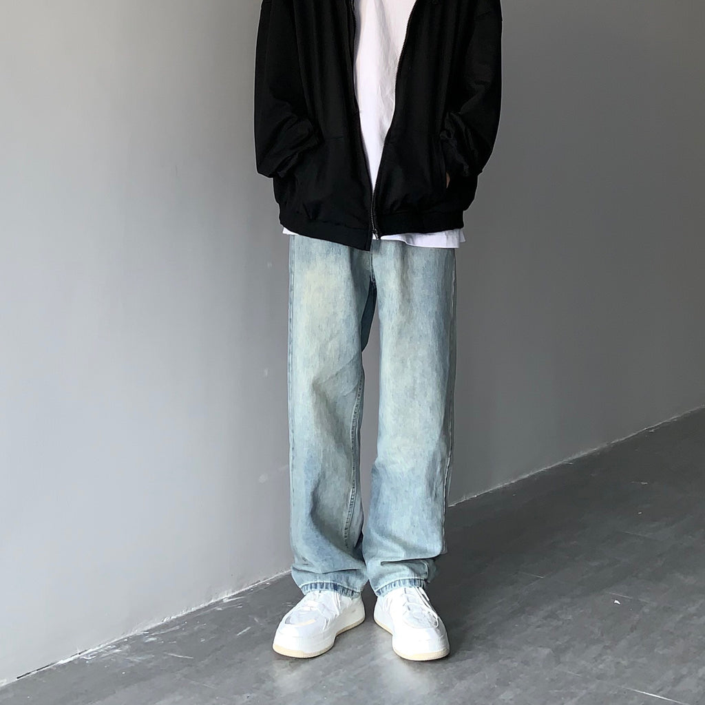 STRAIGHT LEG WASHED DENIM PANTS BLUE