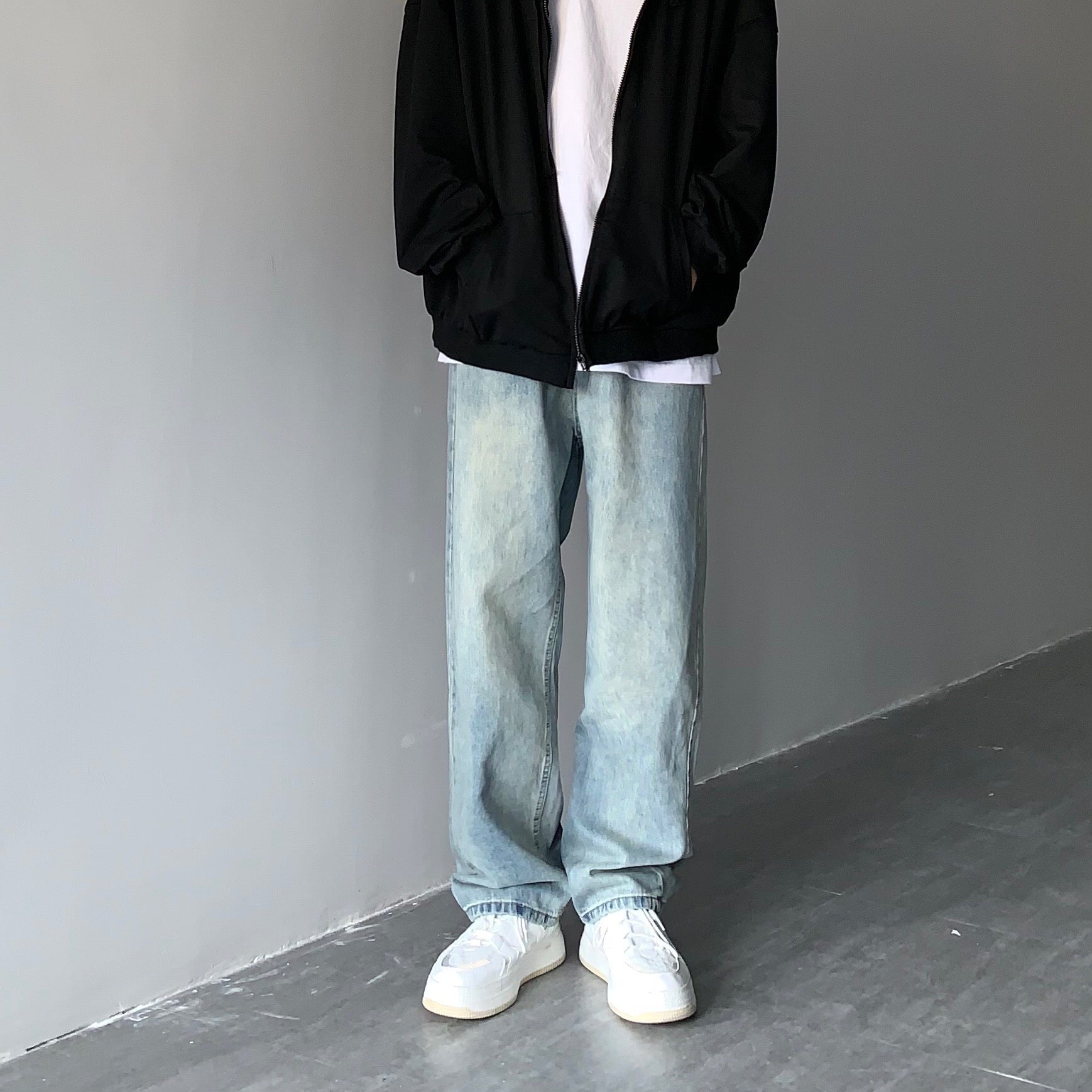 STRAIGHT LEG WASHED DENIM PANTS BLUE